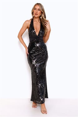 Star Sparkle Halter Sequin Maxi Dress Black