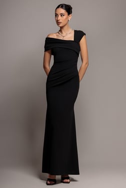 Goddiva One Shoulder Evening Maxi Dress - Black