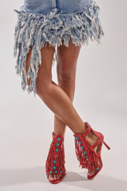 AKIRA Azalea Wang Sumac Fringe Western Stiletto Sandal | Red | Size 11