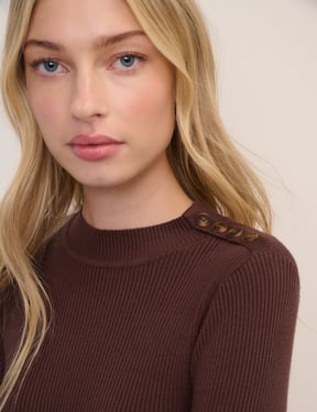 Brown Ribbed Knitted Mock Neck Top