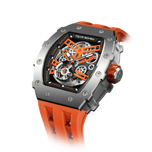 TSAR BOMBA Men's Automatic Watch | Silver Orange | Stainless Steel Case | Japanese Mechanical Skeleton Movement | Luxury Sport Wristwatch | Elemental TB8208A