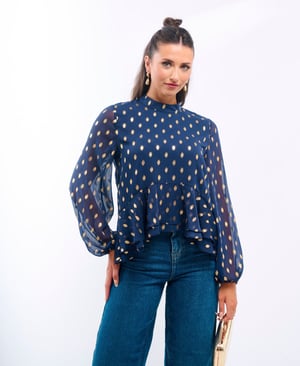 Navy Foil Ruffle Blouse - 20