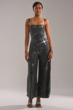 AKIRA Clara Rhinestone Wide Leg Jumpsuit | Black | Size 2X