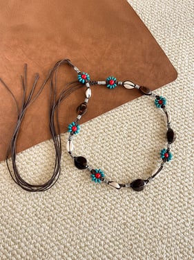 Bohemian Hand-Woven Waxed Cord Waist Rope With Natural Stone & Wood Beads - Coffee / One Size