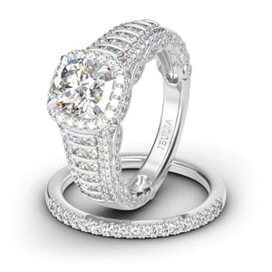 Jeulia Sparkling Halo Round Cut Sterling Silver Ring Set