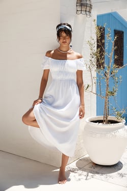 Beach Bonfire Off Shoulder Midi Dress White