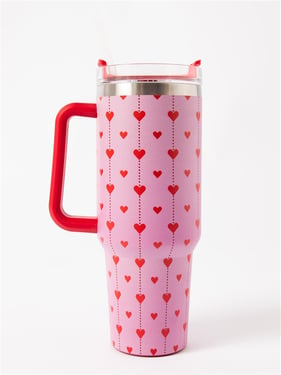 Daisy Street Print Reusable Cup With Handle And Straw - Red Heart - One