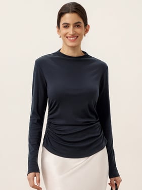 Wool Mock Neck Waist Pleat Top ISOLDE - Navy Blue / XXL