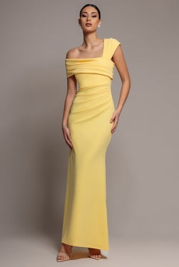 Goddiva One Shoulder Asymmetric Scuba Crepe Maxi Dress - Butter Yellow