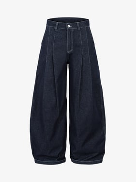 Deconstructed Contrast Stitching Pleated Baggy Barrel Jeans - 2343 - Dark Blue / 2XL