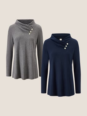 Cashmere Asymmetric Cowl Neck Stretch Top TATIANA - Charcoal Grey/Navy Blue / XXL