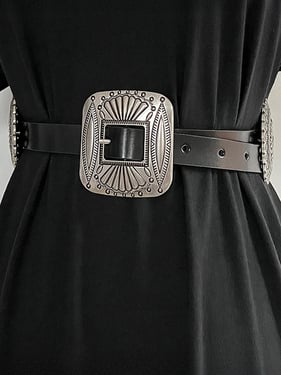 Artisanal Carved Metal Ring Buckle Belt - Black / One Size