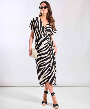 Cream Animal Viscose Wrap Midi Dress - 20