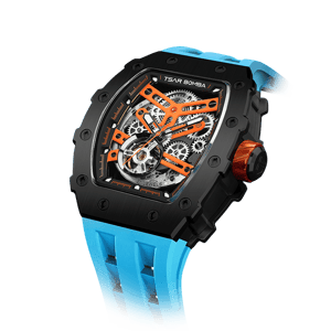 TSAR BOMBA Men's Automatic Watch | Black Blue | Stainless Steel Case | Japanese Mechanical Skeleton Movement | Luxury Sport Wristwatch | Elemental TB8208A