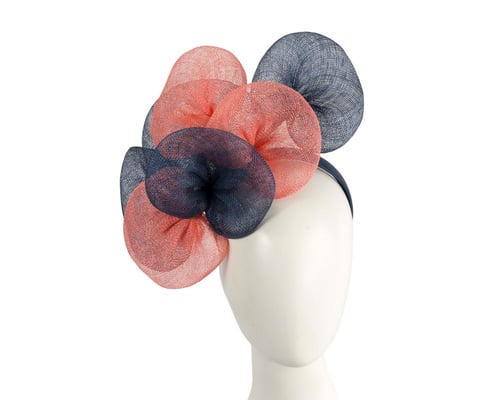 Large navy and coral sinamay flower fascinator by Max Alexander