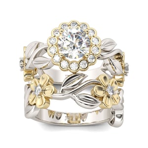 Jeulia Flower Halo Round Cut Sterling Silver Ring Set