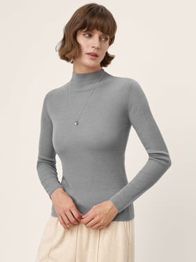 100% Extra-Fine Merino Wool Mock Neck Knit Sweater TIA - Charcoal Grey / L