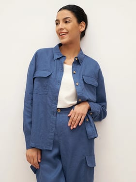 100% Linen Flap-Patch Buttoned Closure Shirt Jacket JANE - Nautical Blue / XXL