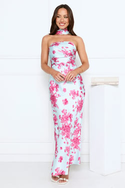 Bloom Pop Satin Strapless Maxi Dress Blue