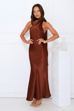 She’s Got Plans Satin Maxi Dress Brown