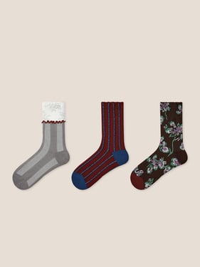Long-Staple Cotton 3-Pair Floral Embossed Slouch Mid-Calf Sock Set - Dusk Blossom / One Size