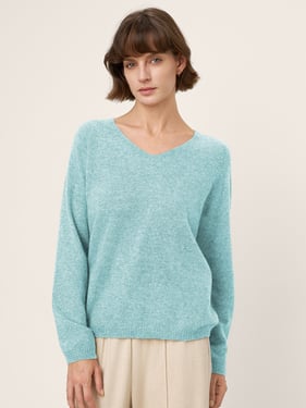 Mongolian Cashmere & Mulberry Silk Seamless Ribbed Trim V-Neck Sweater TESSA - Skywash Blue / M