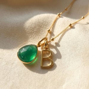 18ct Gold Plated Green Onyx May Birthstone Initial Necklace - V