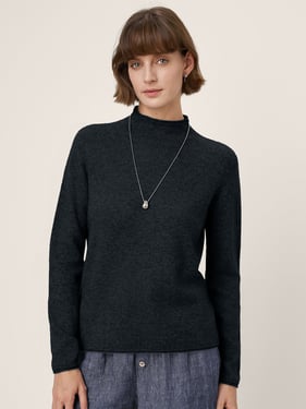Premium Cashmere Blend Hand-Finished Seamless Mock Neck Lettuce Edge Sweater ZELIE - Charcoal Black / XXL