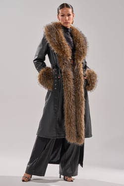 AKIRA Voodoo Fur Trim Trench Coat | Black | Size XL