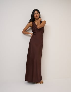 Chocolate Brown Satin Joey Maxi Dress