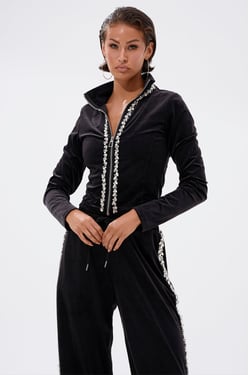 AKIRA Dara Rhinestone Mock Neck Zip-Up Sweatshirt | Black | Size XL