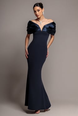 Goddiva Satin Plunge Neck Bardot Scuba Maxi Dress - Navy Blue