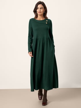 Wool Layered Neck Pleated Maxi Dress BILLIE - Deep Olive / XXL