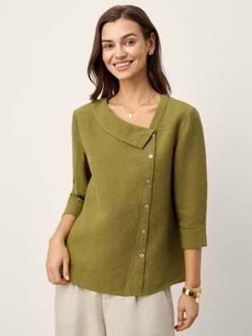 100% Linen Crescent Neck Button Detail 3/4 Sleeve Top ADALYN - Mustard Green / XXL
