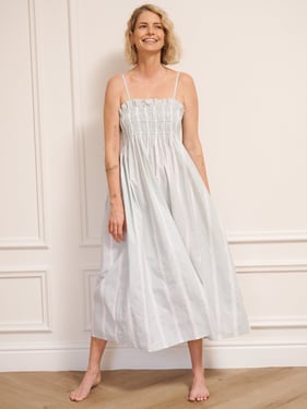 Womens Cotton Shirred Cami Midi Night Dress Aqua Brushed Stripe - 3XL / 22-24 / Aqua