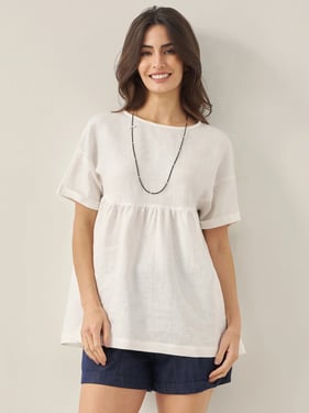 100% Linen Round Neck Pleated Pullover Top QUINLAN - Optic White / XXL