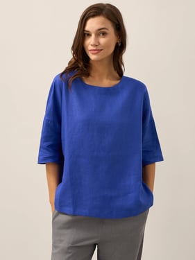 100% Linen Boatneck 3/4 Length Sleeve Top AURORA - Royal Blue / XXL