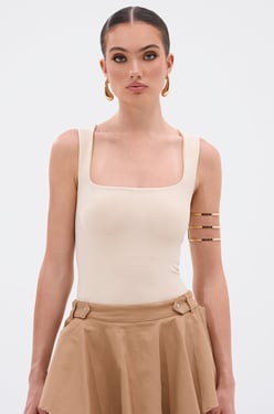 AKIRA New Standard Square Neck Sleeveless Bodysuit In Beige