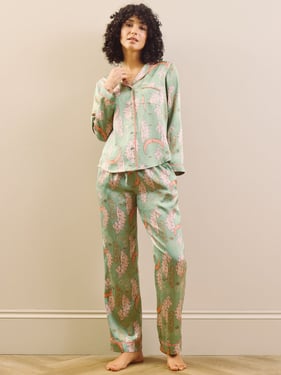 Womens Satin Traditional Pyjamas Sage Pink Moon - 3XL / 22-24 / Sage