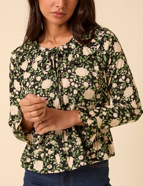Black Floral Ruffle Collared Blouse