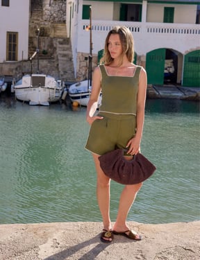 Khaki Whipstitch Square Neck Top