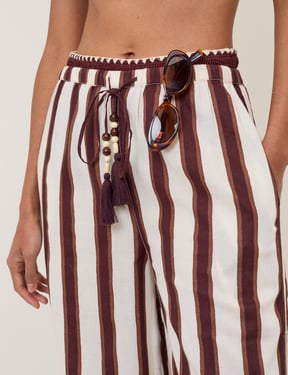 Brown Striped Linen-Blend Wide Leg Trousers