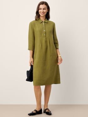 100% Linen Tailored Lapel 3/4 Sleeve Midi Shirt Dress MERCEDES - Mustard Green / XXL