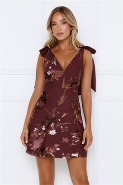 Romantic Floral Tie Shoulder Mini Dress Burgundy