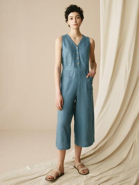 100% Linen V-Neck Jumpsuit URIELLE - Steel Blue / S