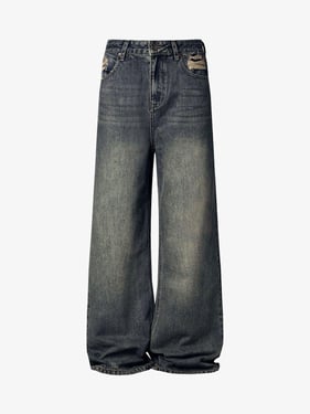 Washed Dirty-Dye Straight Jeans - 2352 - Dark Blue / 2XL