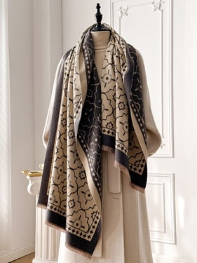 Double-Sided Floral-Jacquard Fringed Scarf - Ashen Print / One Size