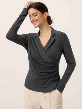 Wool Asymmetric Side Ruched Stretch Top BRIONY - Heather Black / XXL