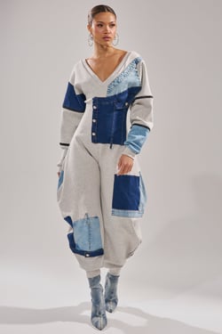 AKIRA Comfy Cozy Sweatshirt Jumpsuit In Patchwork Denim | Size 1X