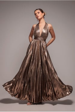 Goddiva Sunrise Foil Halterneck A-Line Maxi Dress - Bronze
